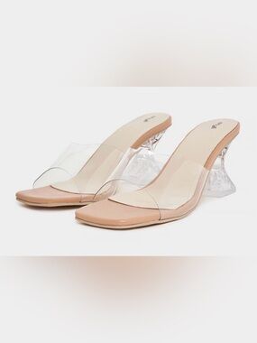 Clear Strap Nude Mule Heels with Lucite Block Heel